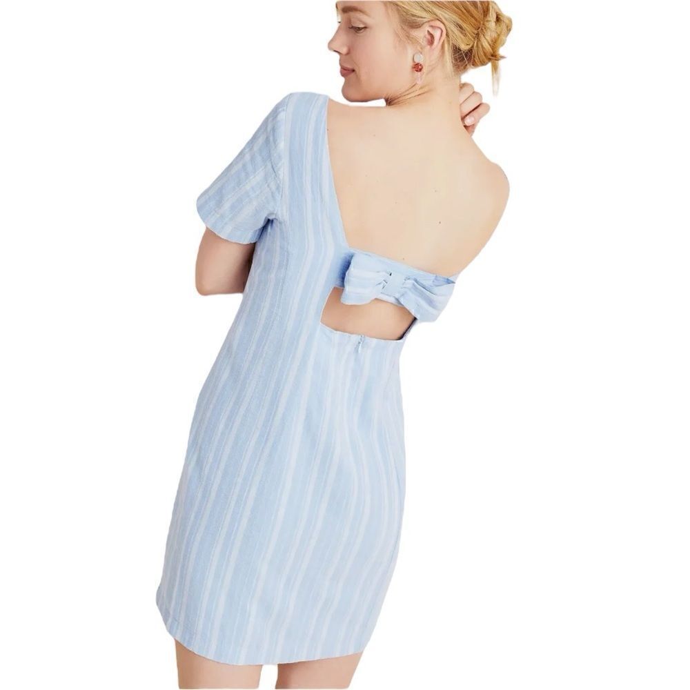 Anthropologie Cape May Blue Striped Linen Blend Bow Back Midi Dress - Picture 9 of 9